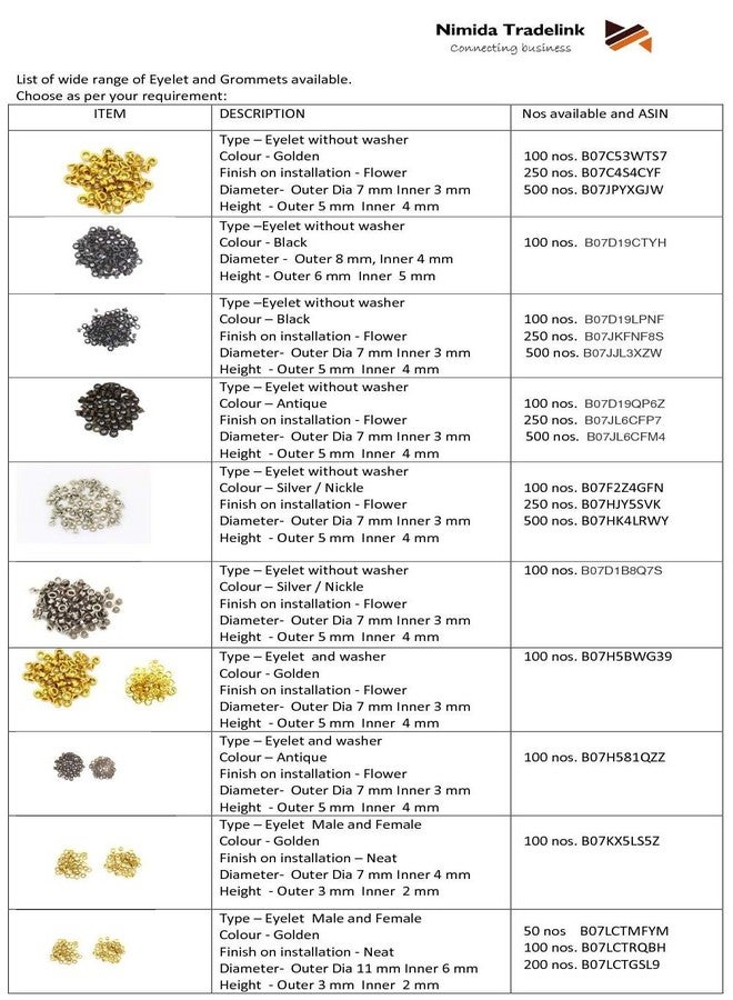 Nimida™ Multipurpose Male Female Eyelet Grommet of Brass for Leather, Fabric & Craft | Colour - Gold | Medium Size | 400 Pairs - Image 5